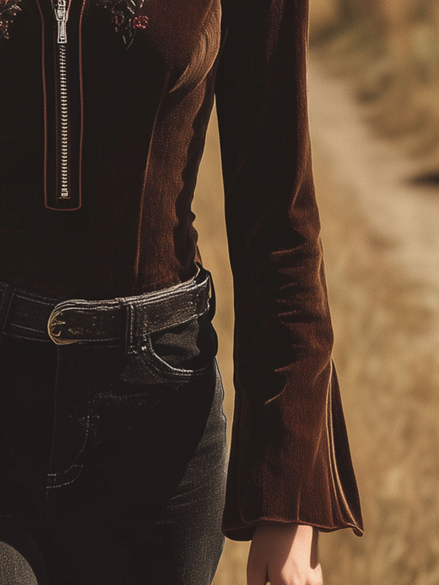 Western-style Vintage Embroidered Brown Velvet Shirt
