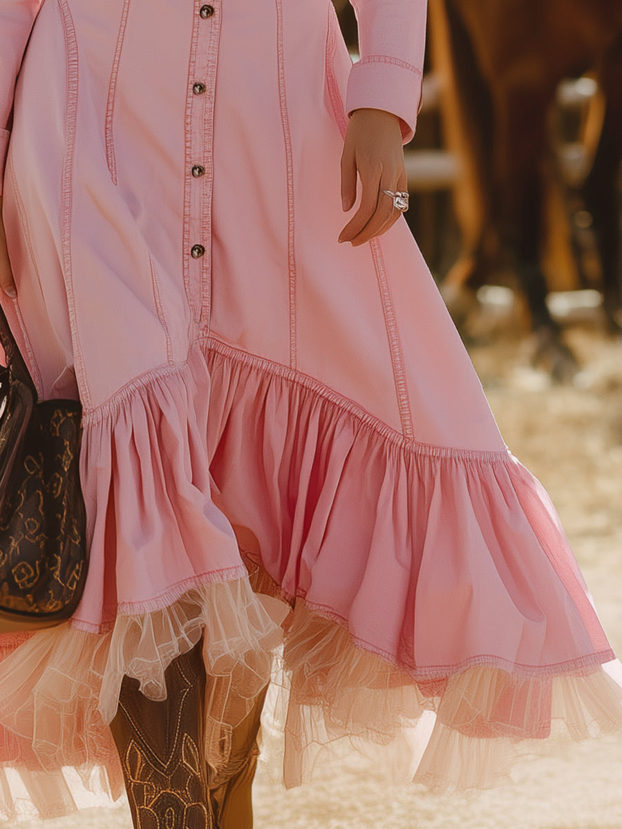 Western-style Pink Denim Button-up  With Tulle Paneling Maxi Dress