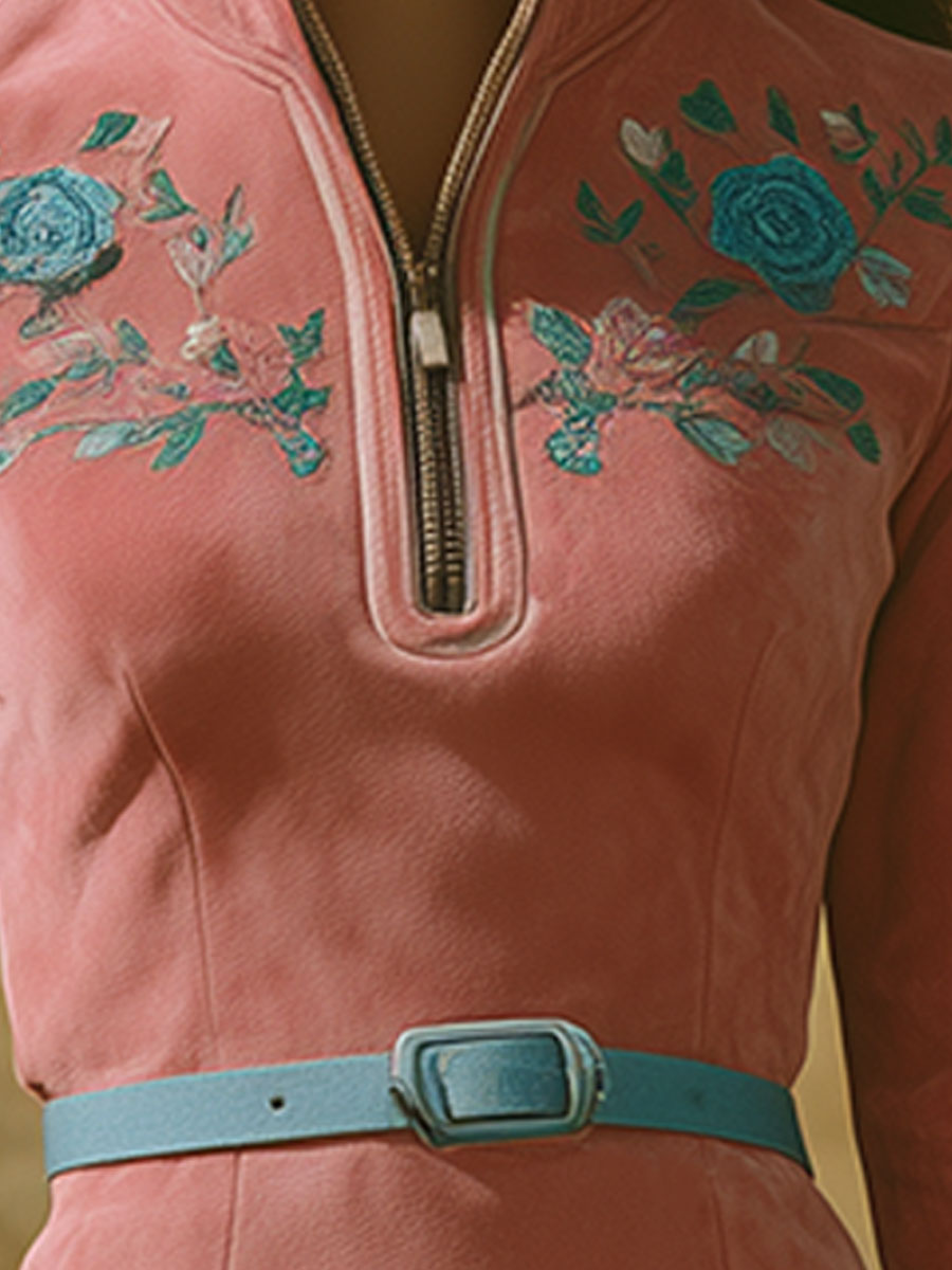 Western-style Vintage Embroidered Pink Faux Suede Mini Dress