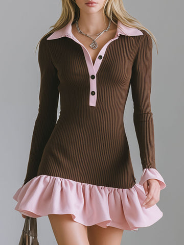 Half-zip Color-blocked Ruffled Long-sleeved Athletic Mini Dress
