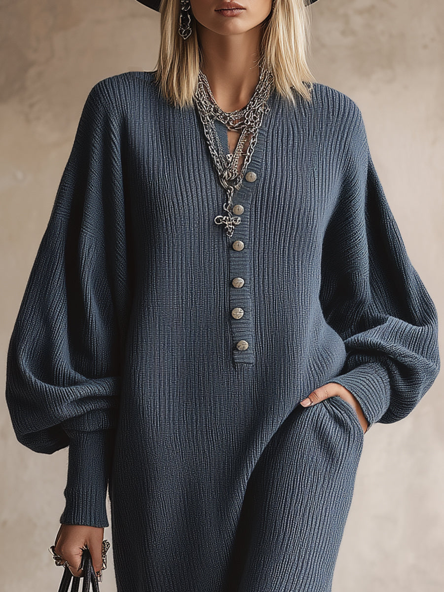 Casual Retro V-neck Button-down Dark Gray Loose Knit Slit Maxi Dress