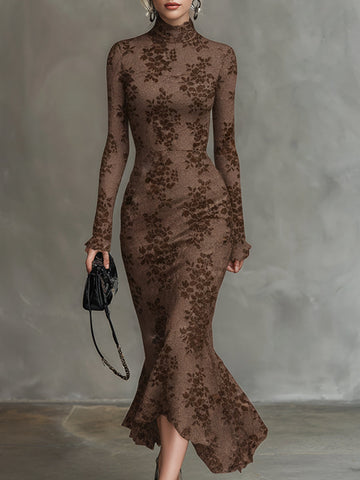 Elegant Brown 3D Floral Elastic Lace Fishtail Maxi Dress