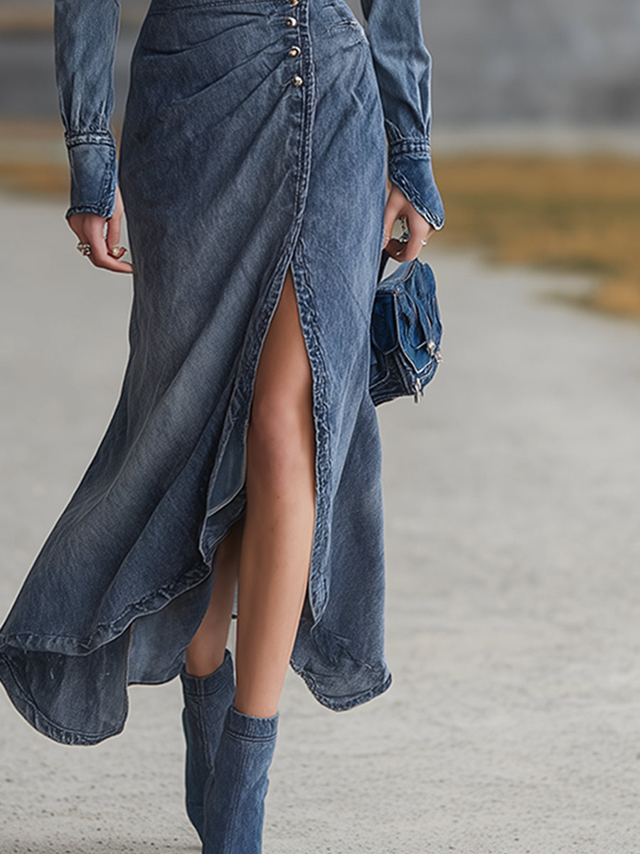Elegant Retro Three-dimensional Floral Button Blue Denim Maxi Dress