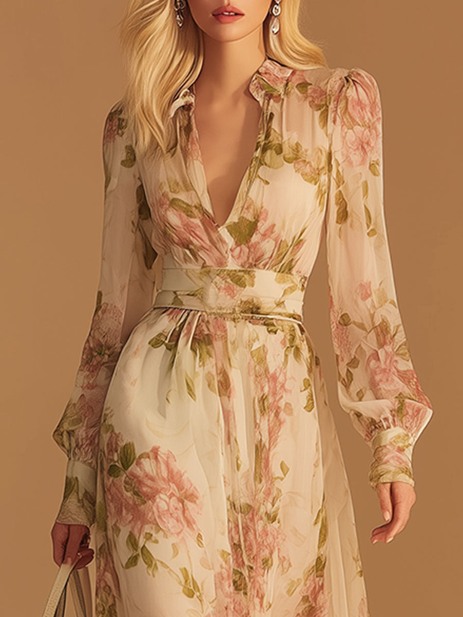 Elegant And Flowing V-neck Red Printed White Chiffon Midi Dress