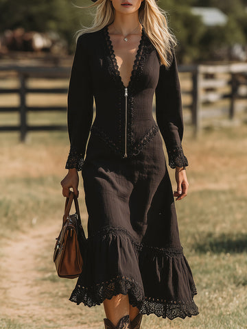 Western-style Black Linen Midi Dress With Lace Patchwork