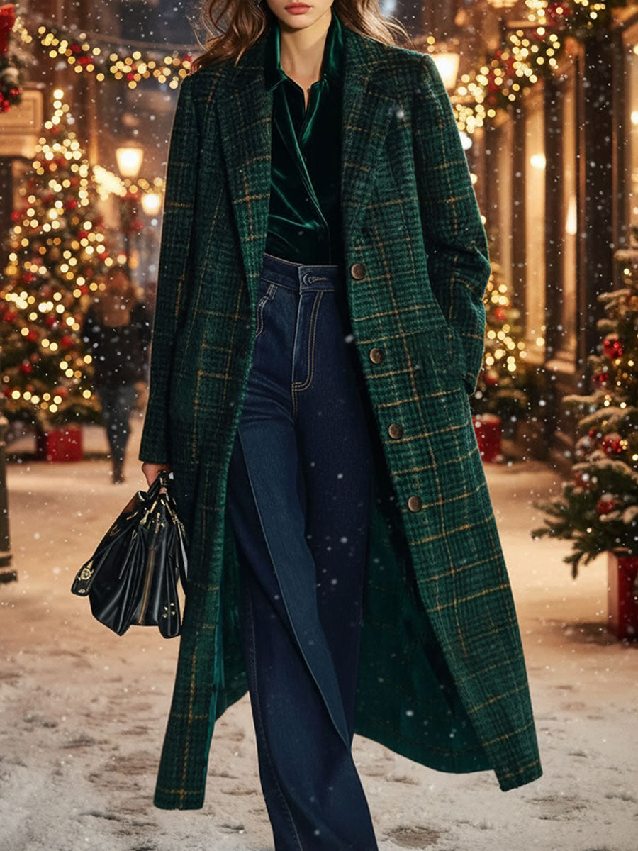 【24-hour shipping out】Casual Loose Retro Pocket Woolen Plaid Mid-Length Coat