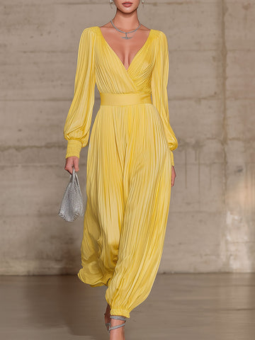 Yellow Pleated Chiffon V-neck Long-sleeved Jumpsuit