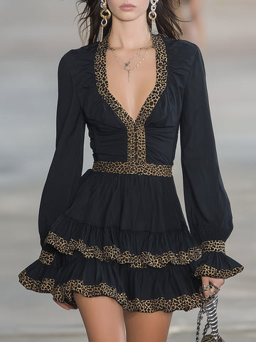 Elegant Black V-neck  With Leopard Print Paneling Mini Dress