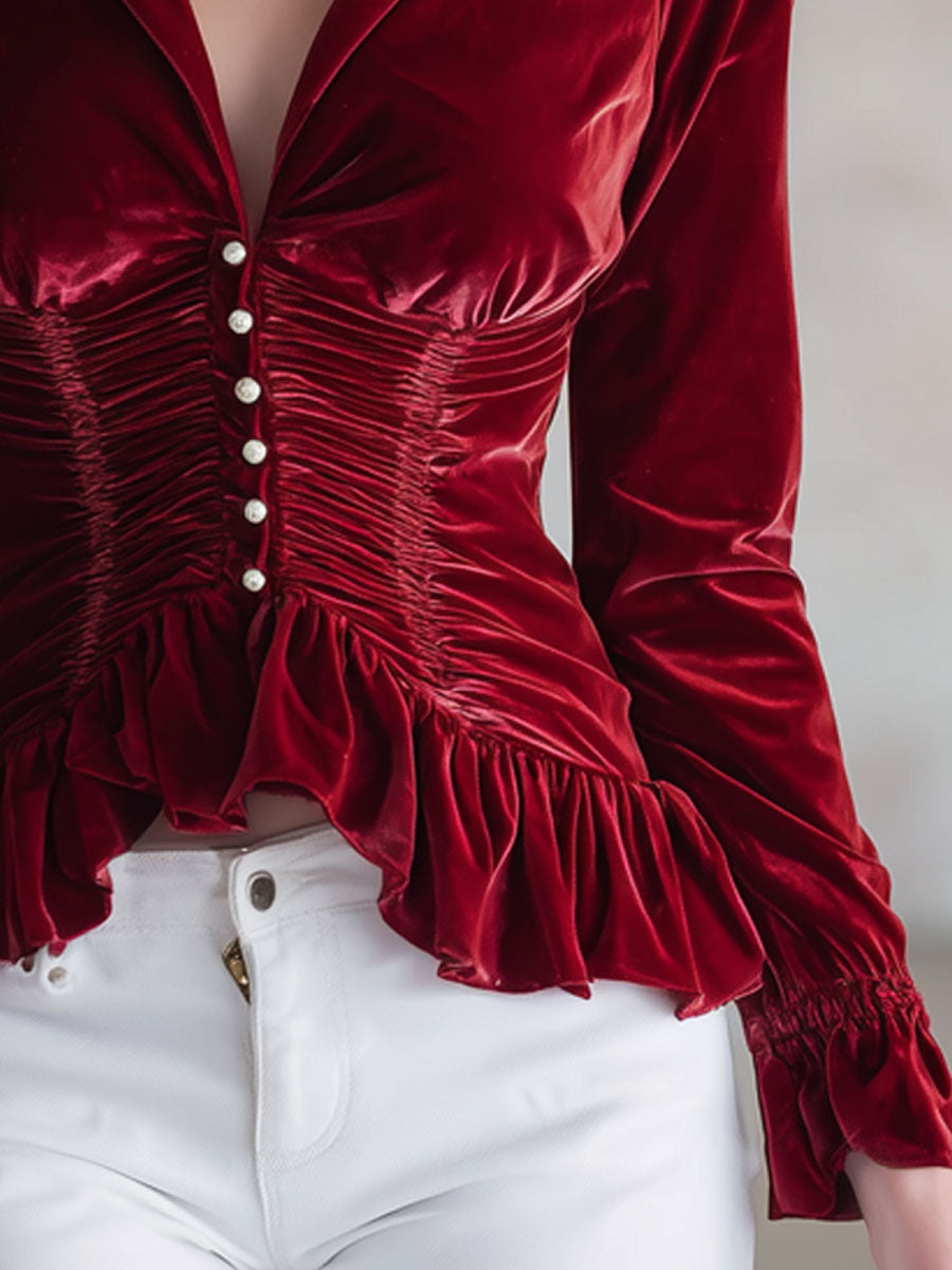 Fashionable Retro Red Velvet Pleated Ruffled Long-sleeved Shirt