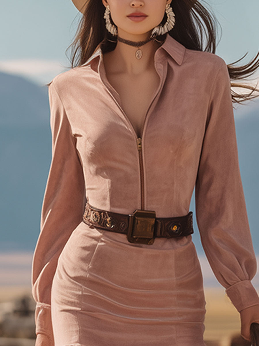 Western-style Vintage Pink Faux Suede And Chiffon Patchwork Midi Dress