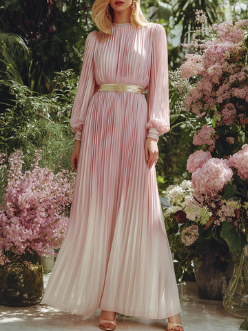 Elegant And Romantic Pleated Gradient Pink Chiffon Maxi Dress