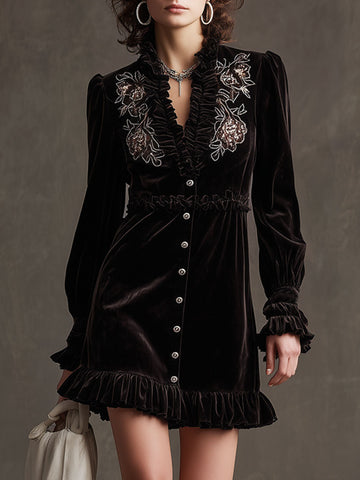 Vintage Floral Embroidered Dark Brown Velvet Long-sleeved Ruffle Mini Dress