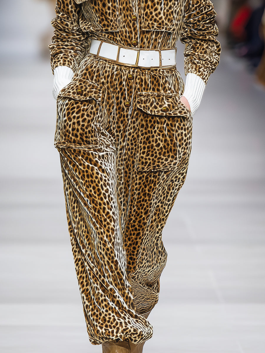 Western Casual Button Leopard Print Velvet Midi Dress