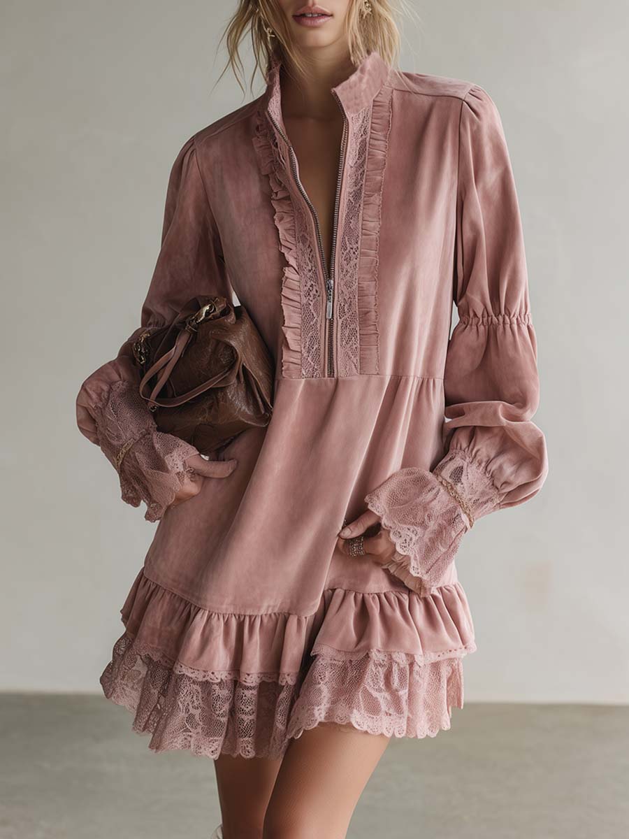 Elegant Vintage Western Lapel Front-zip Lace Trim And Ruffled Hem Pink Suede Mini Dress