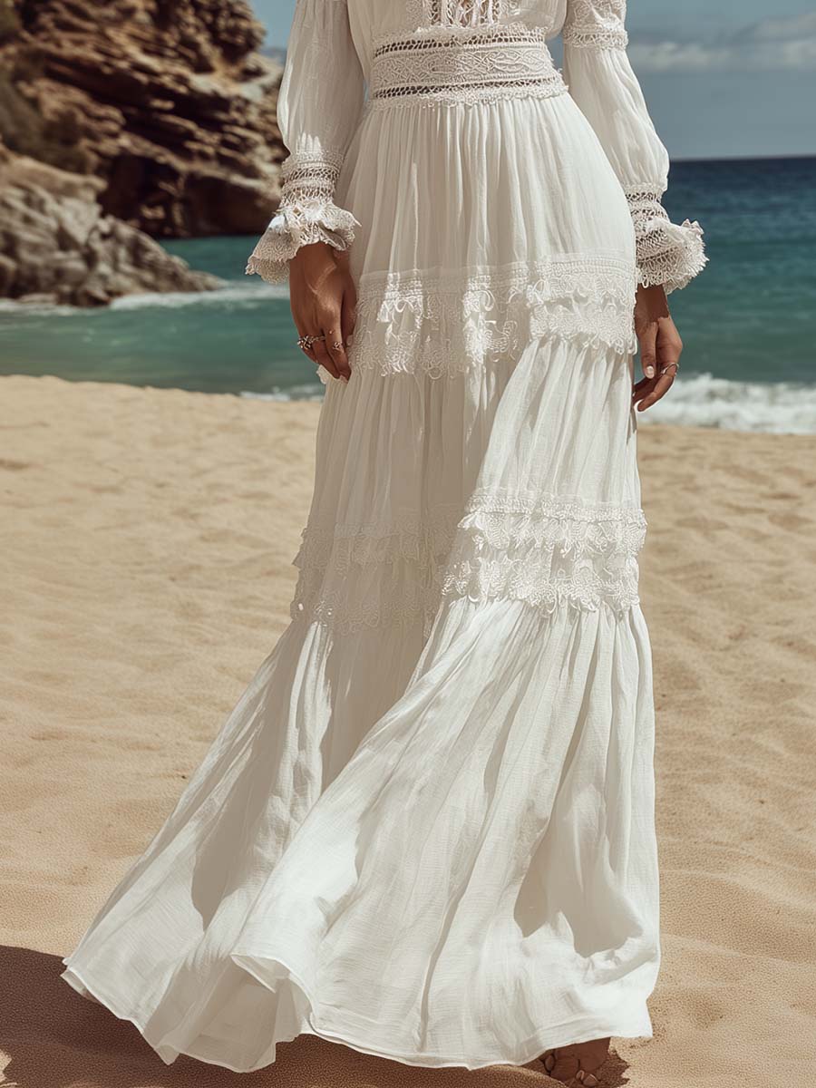 Elegant Retro Bohemian Style Round Neck Lace Trim White Cotton Maxi Dress