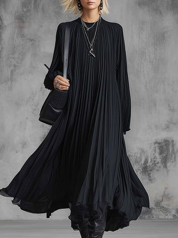 Elegant Urban Silhouette Black Chiffon Pleated Maxi Dress