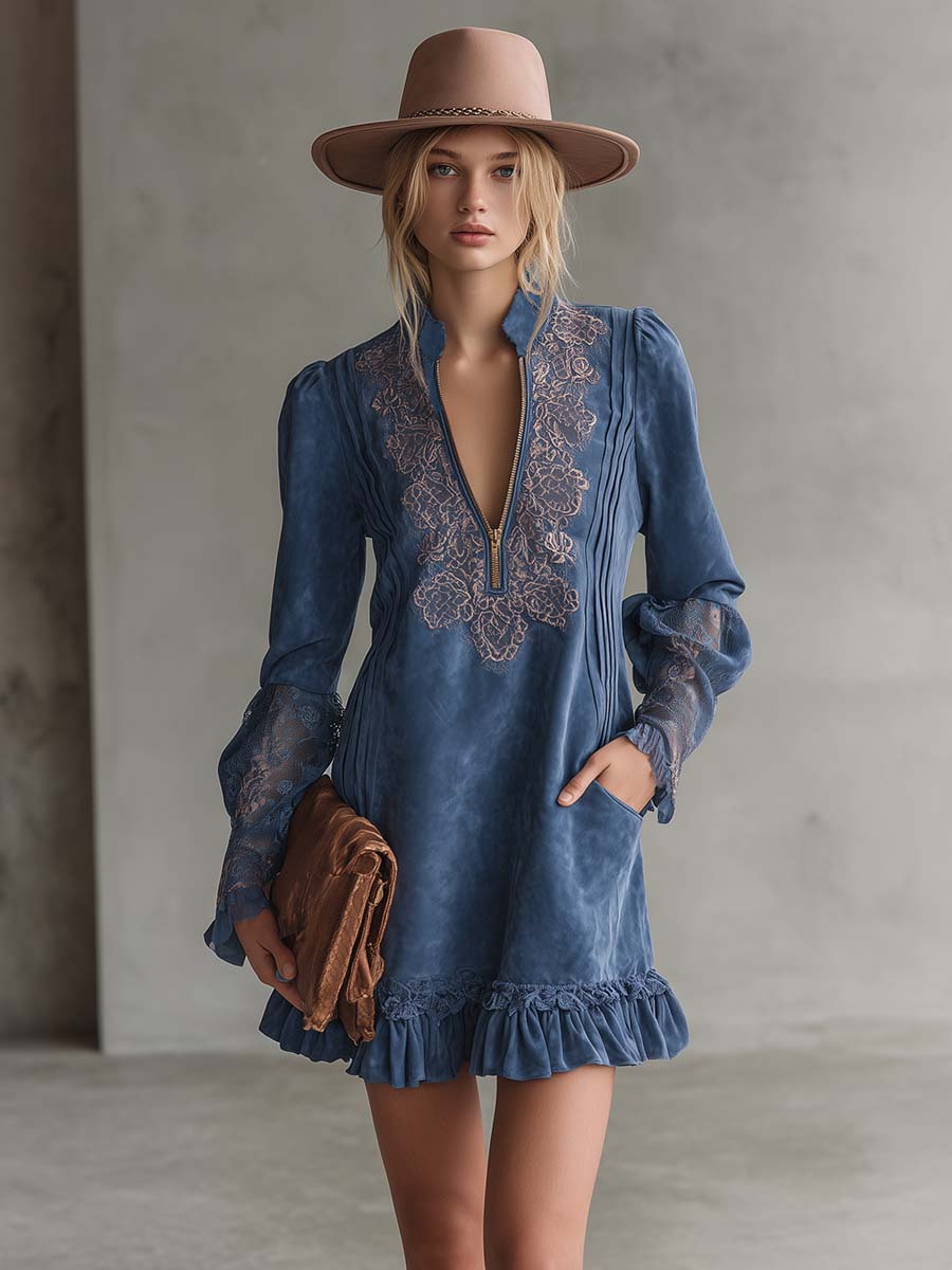 Vintage Exquisite Western Embroidered V-neck Front Zip Ruffled Hem Blue Suede Mini Dress