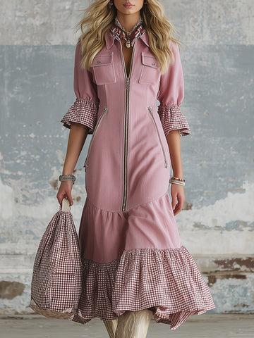 Elegant Pink Checkered Trim Faux Denim Short-sleeved Midi Dress