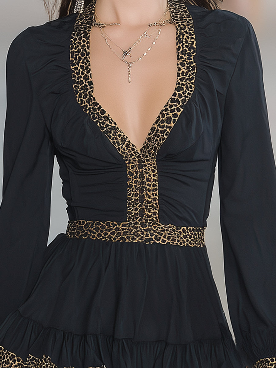 Elegant Black V-neck  With Leopard Print Paneling Mini Dress