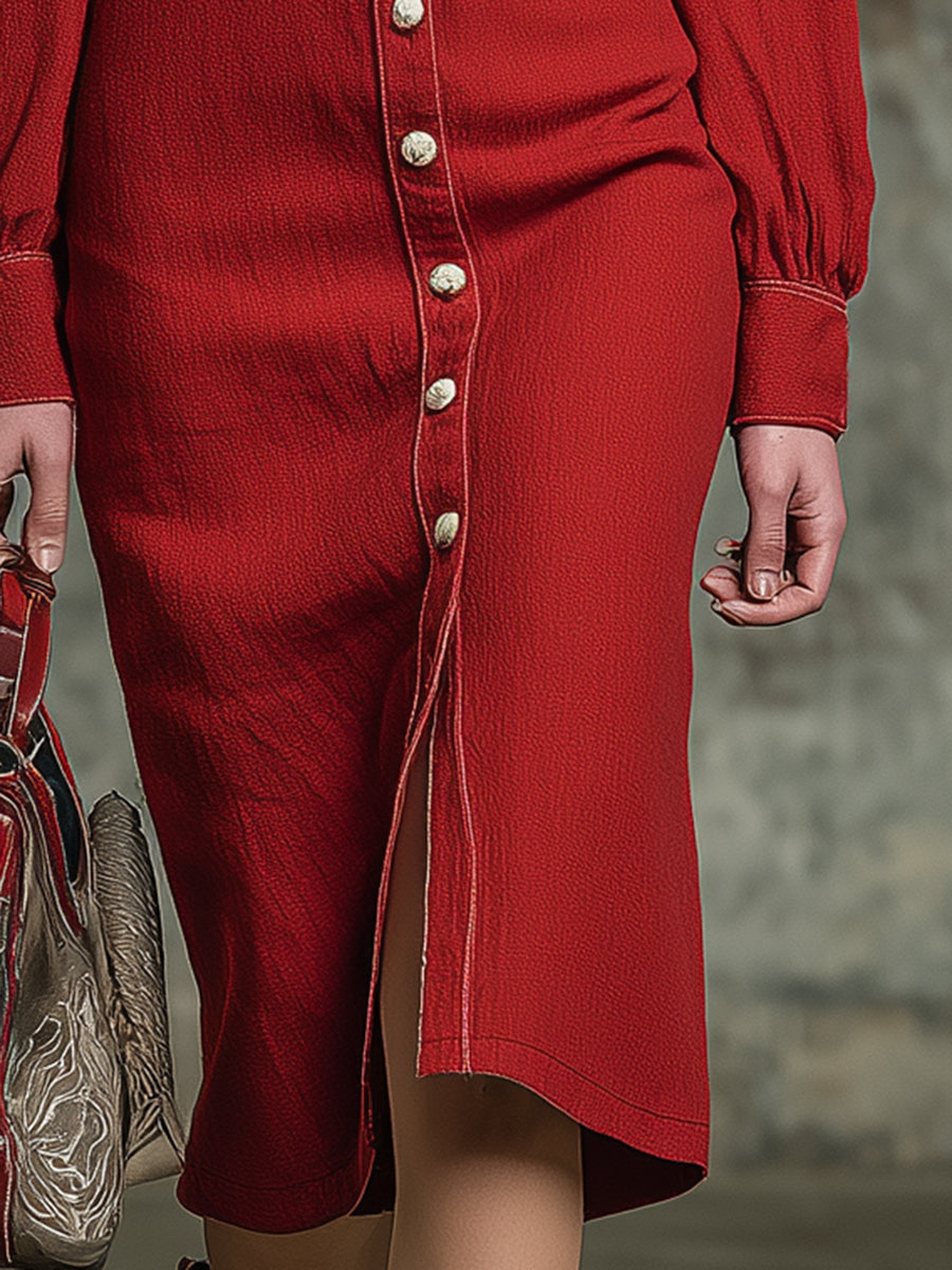Western-style Red Linen Midi Dress With Button And Embroidery Details.