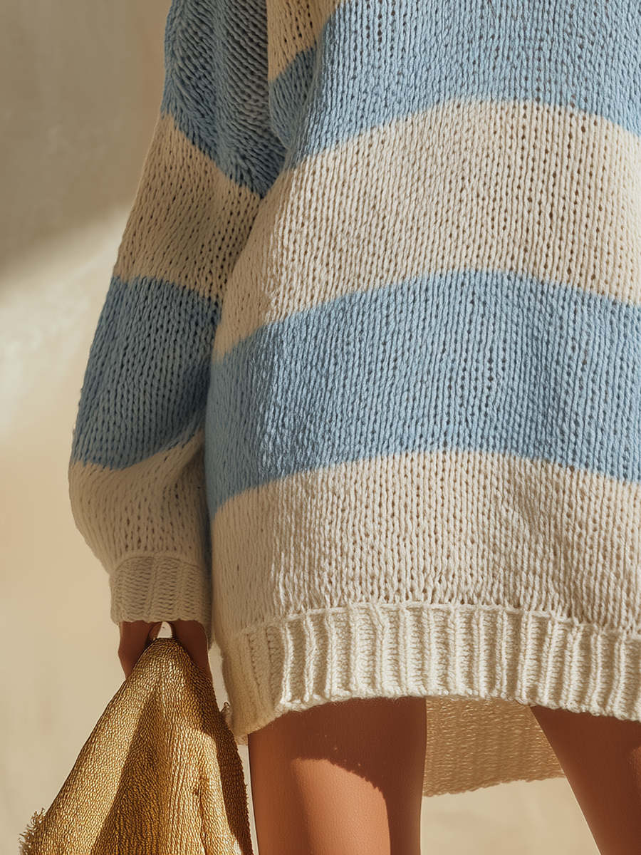 Casual Stylish Vacation Striped V-neck Knitted Mini Dress