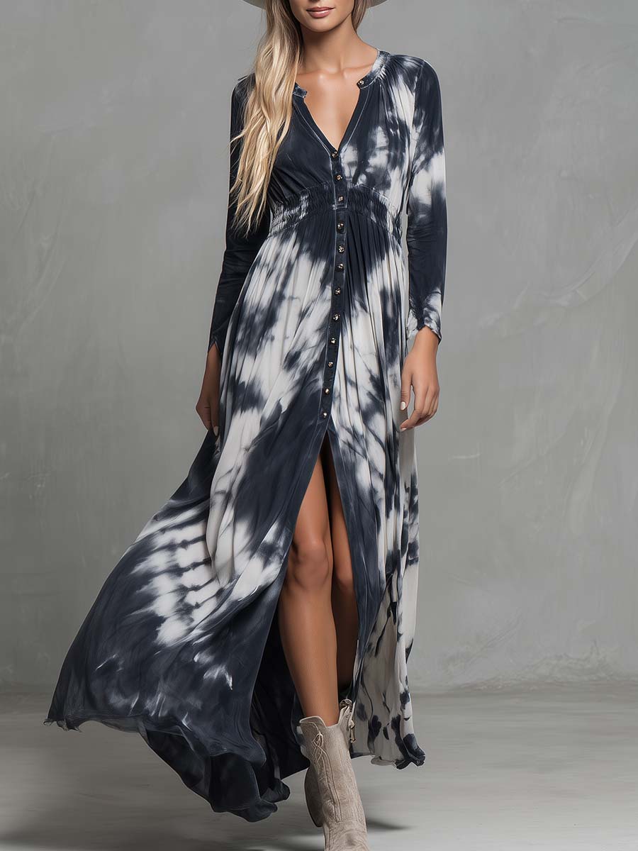 Vintage Western Flowing V-neck Front Button Black And White Tie-dye Pattern Cotton Slits Dress
