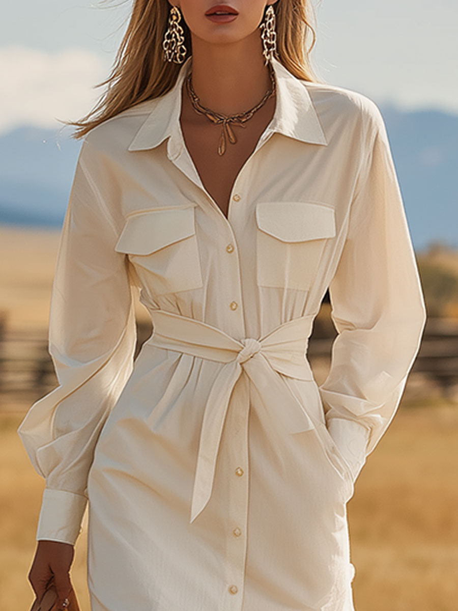 Western-style Casual White Button-down Cotton Midi Dress