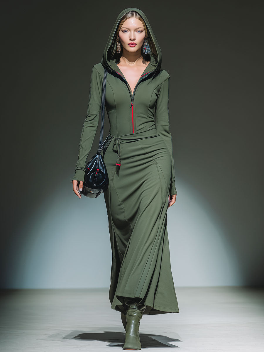 Casual Sporty Green Hooded Half-zip Maxi Dress