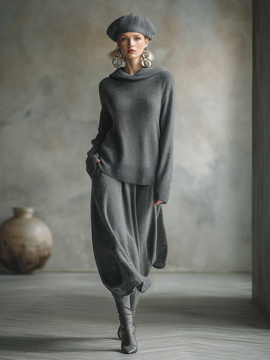Elegant Minimalist Gray Hooded Sweater Skirt Set