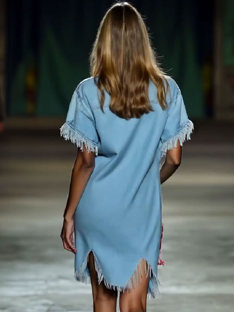 【24-hour shipping out】Casual Loose Vintage Denim Short Sleeve Shirt Tassel Mini Dress