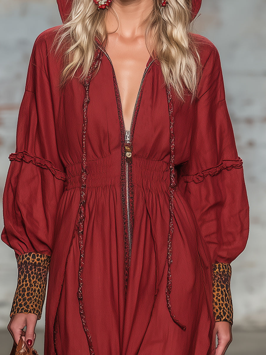 Western-style Red Linen Zip-up Hooded With Partial Leopard Print  Maxi Dress