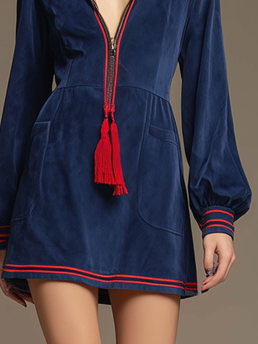 Western-style Retro Woven Ribbon Tassel Royal Blue Faux Suede Long-sleeved Mini Dress