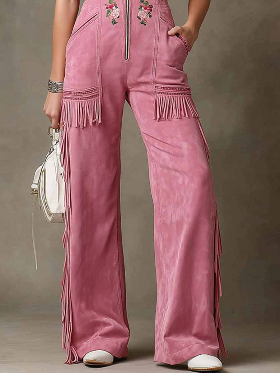 Western-style Retro Floral Embroidered Pink Faux Suede Sleeveless Tassel Jumpsuit