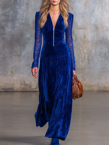 Elegant Retro V-neck Front Zipper Lace Long-sleeved Royal Blue Velvet Maxi Dress