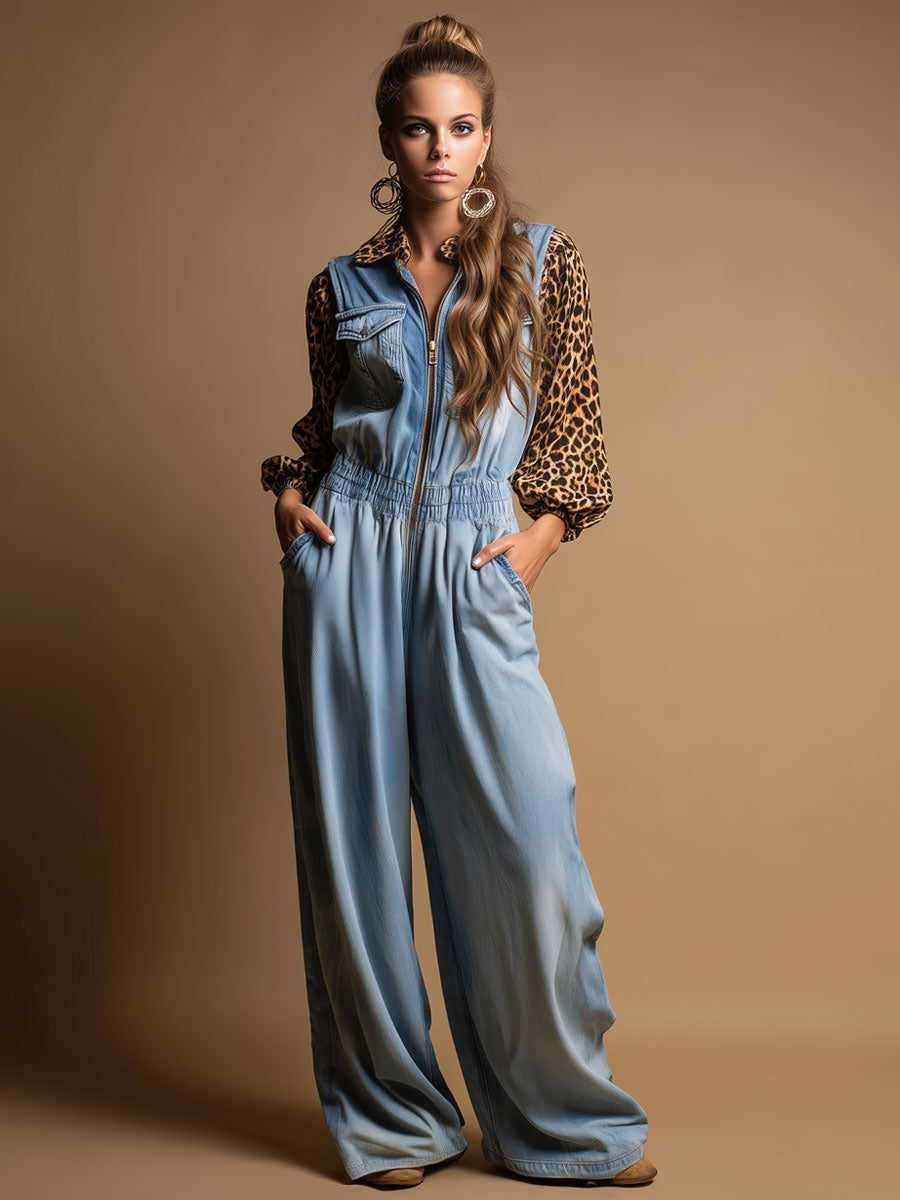 Western Retro Long-Sleeved Chiffon Leopard Print Light Blue Denim Wide-Leg Jumpsuit