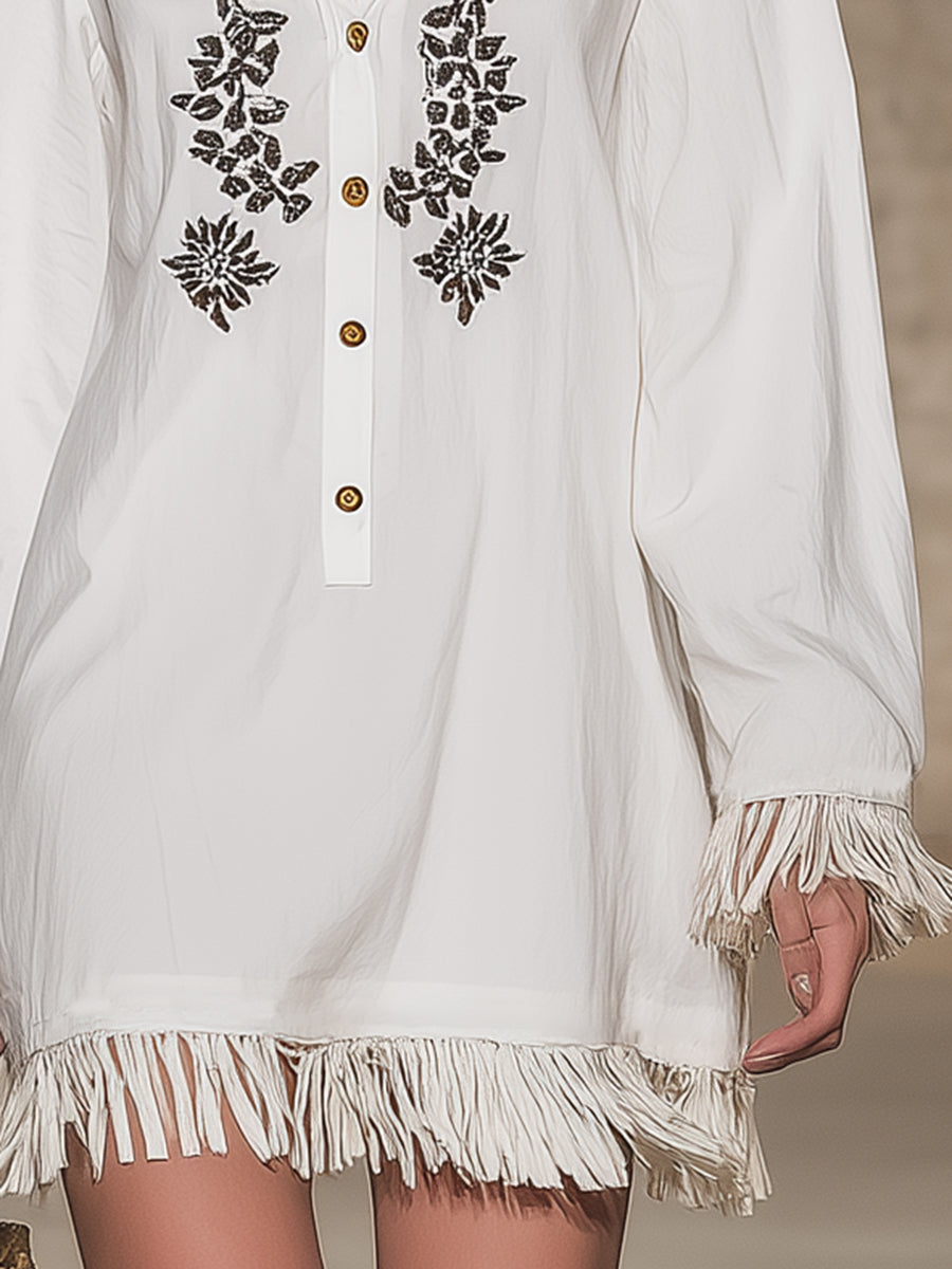 White Linen Shirt Dress With Embroidered Collar And Fringe Details.