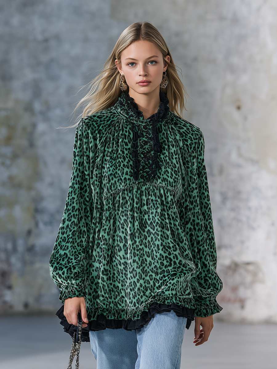 Vintage Elegant Charming Leopard Print Velvet Long-sleeved T-shirt