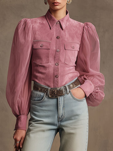 Western Retro Pink Faux Suede Long-Sleeved Shirt