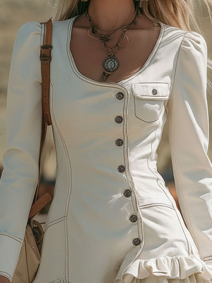 Vintage-style Round-neck Multi-button Ruffled Denim Long-sleeved Mini Dress