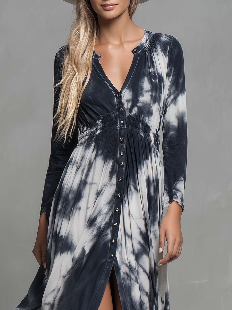 Vintage Western Flowing V-neck Front Button Black And White Tie-dye Pattern Cotton Slits Dress