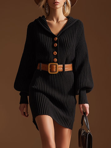 Casual And Elegant Hooded Button-up Black Knitted Mini Dress