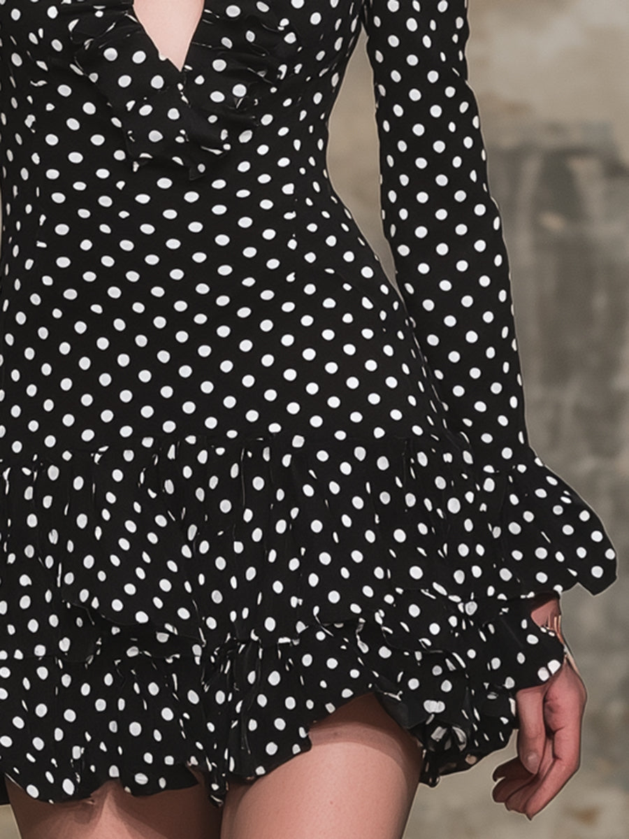 Classic Black And White Polka Dot V-neck  With Ruffle Details Mini Dress
