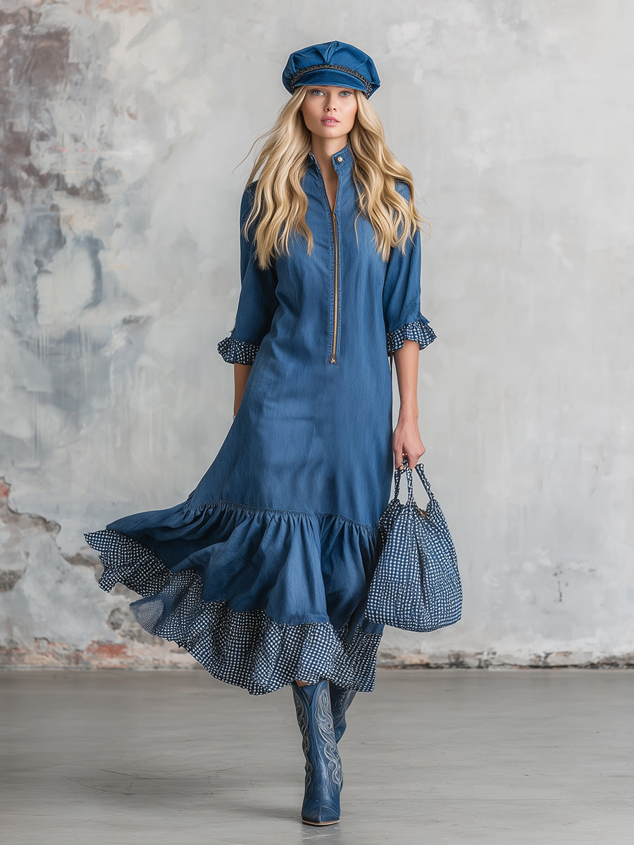 Casual And Stylish Checkered Ruffle Blue Denim Midi Dress