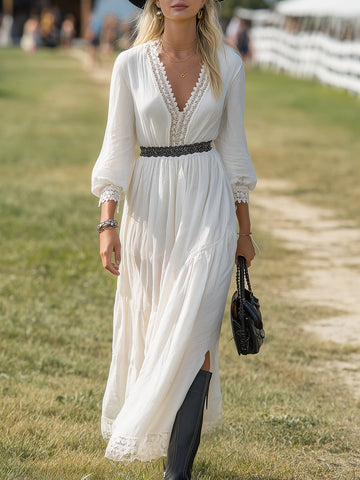 Western-style White Cotton And Linen Blend With Lace Inserts And A Side Slit Maxi Dress