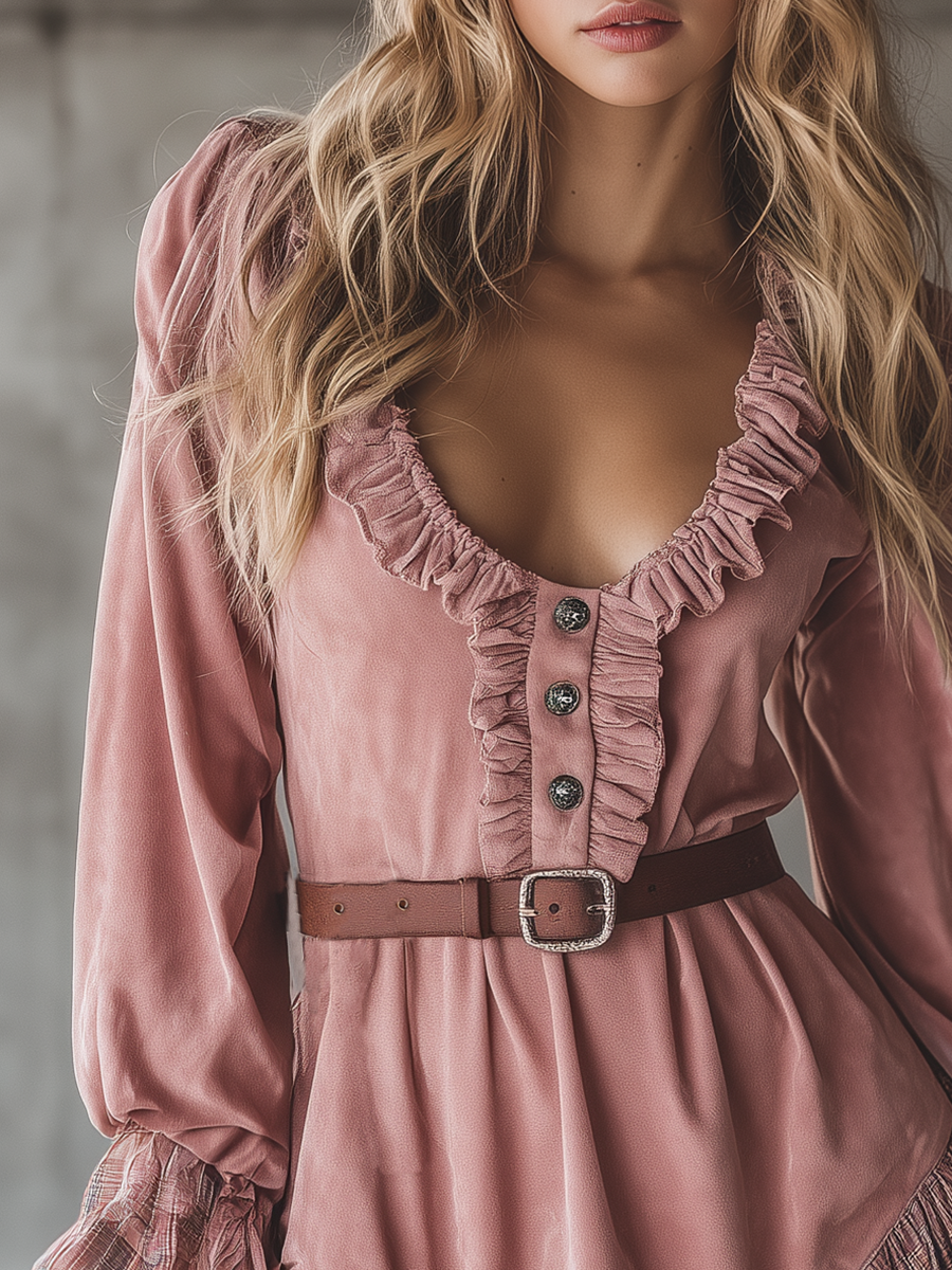 Western-style Ruffled Neckline Checkered Chiffon Hem Pink Faux Suede Mini Dress