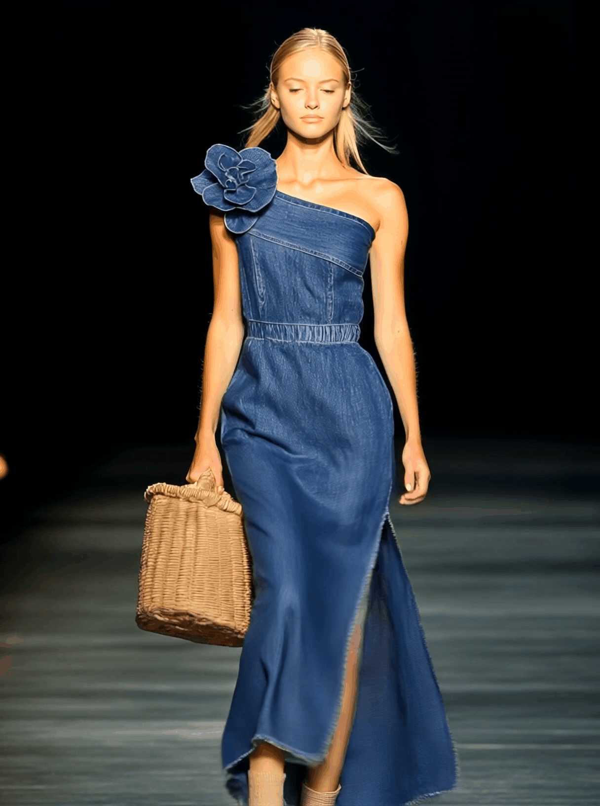 【24-hour shipping out】Elegant Strapless Denim 3D Floral Maxi Dress