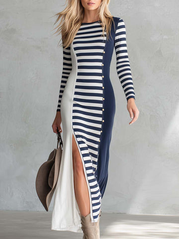 Elegant Retro Exquisite Round Neck Navy And White Contrast Striped Stretch Cotton Slit Midi Dress