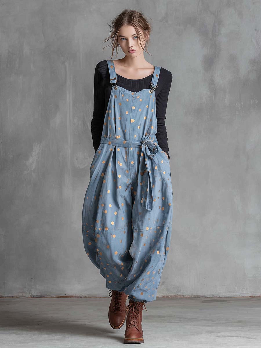 Vintage Fashion Waist Tie  Gold Polka Dots Light Blue Denim Jumpsuit Overalls