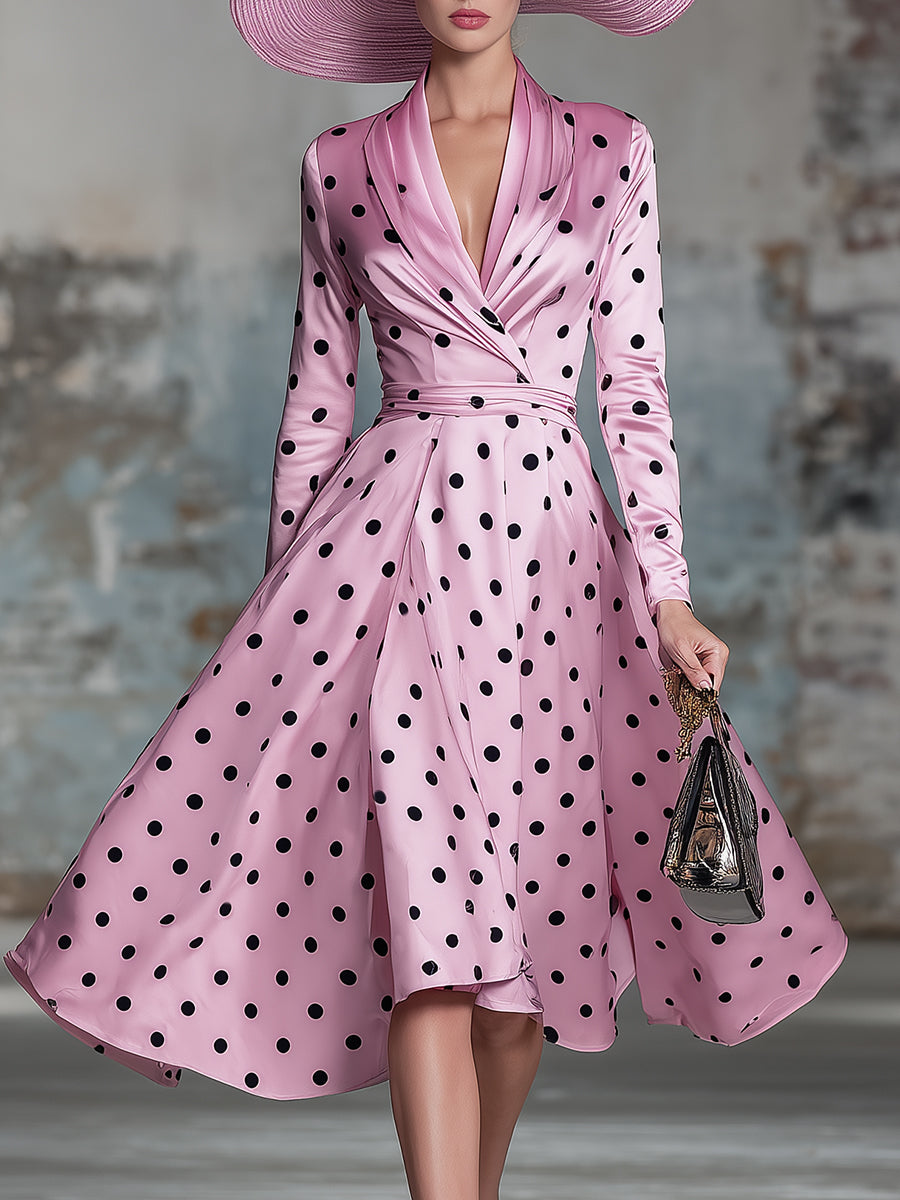 Vintage Pink Satin Polka Dot V-neck Midi Dress