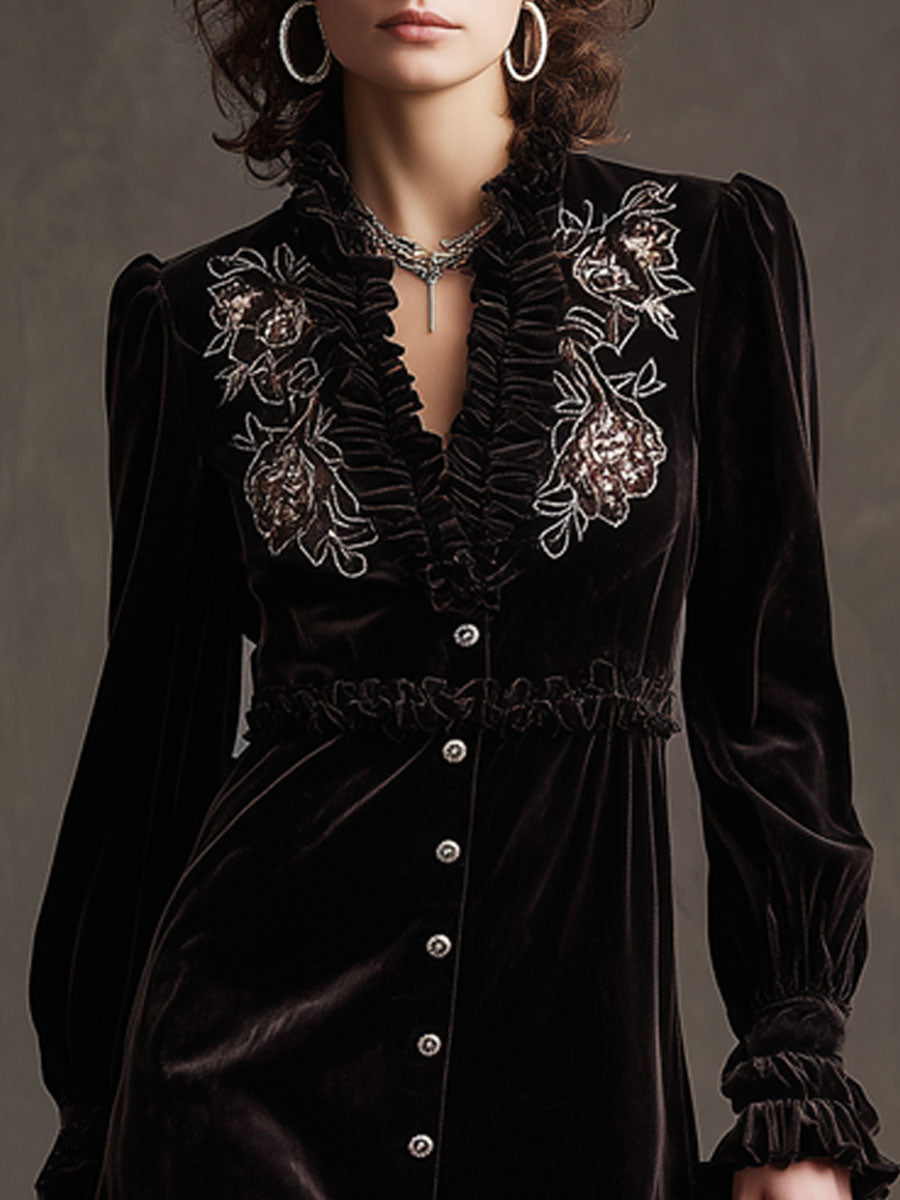 Vintage Floral Embroidered Dark Brown Velvet Long-sleeved Ruffle Mini Dress